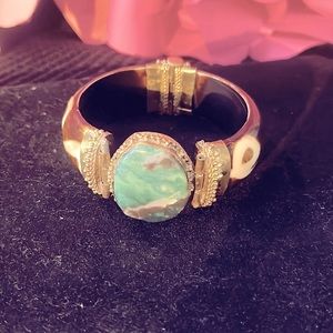 Unique Cuff Bracelet, made in India Olive green Moss Agate Stone. Brass detail.